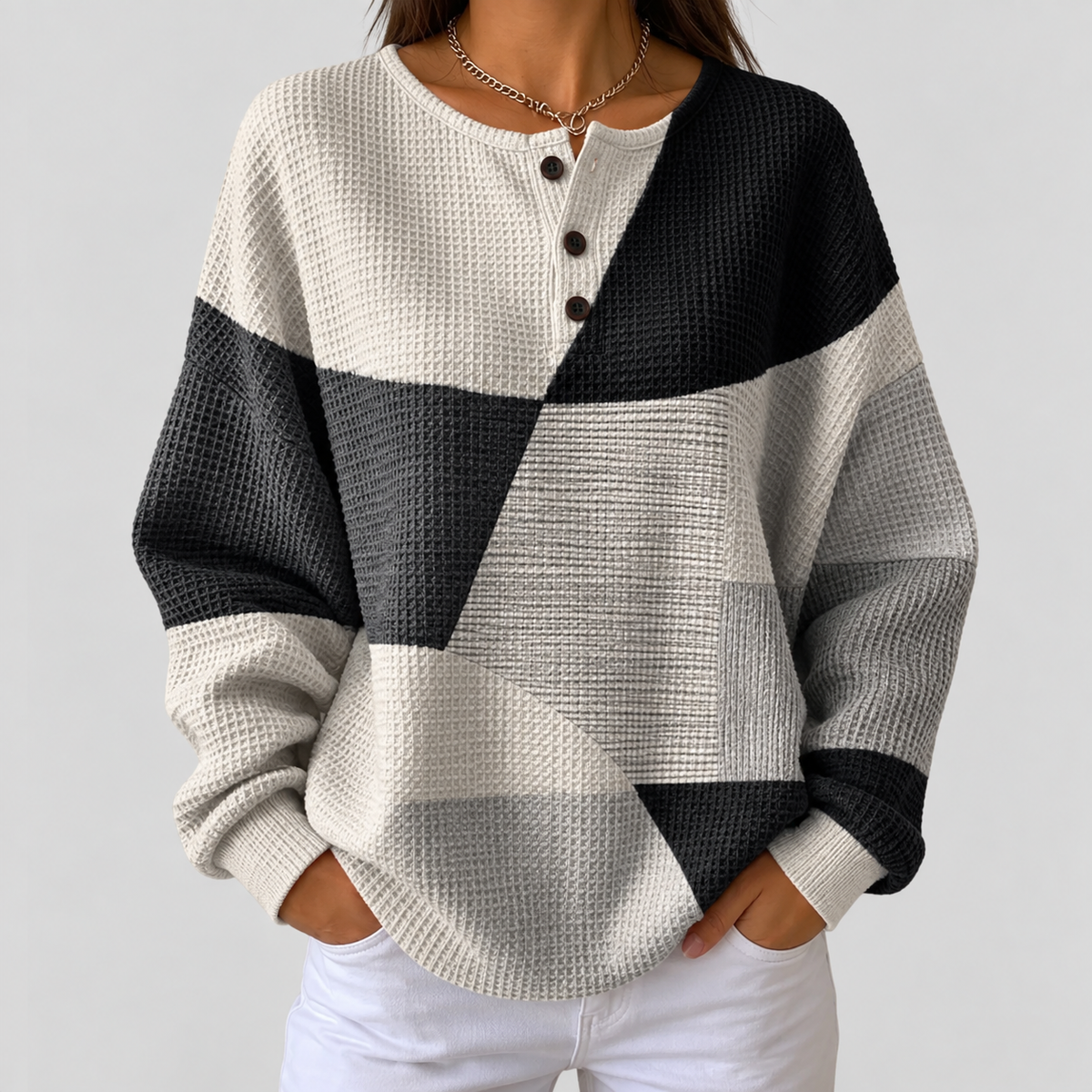 Almira™ | Waffle Knit Henley Sweatshirt
