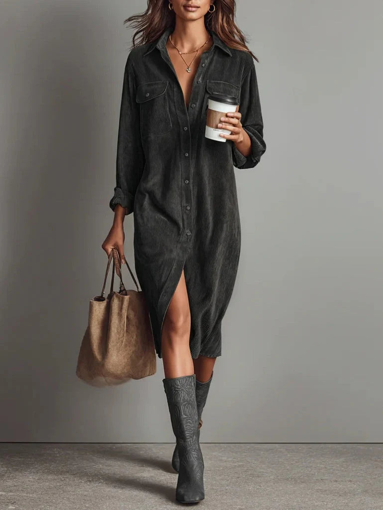 Béatrice | Midi Corduroy Dress with Pockets and Single-Button Closure