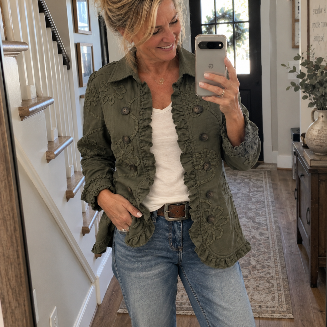 Emma™ | Boho-Chic Floral Embroidered Utility Ruffled Trim Jacket