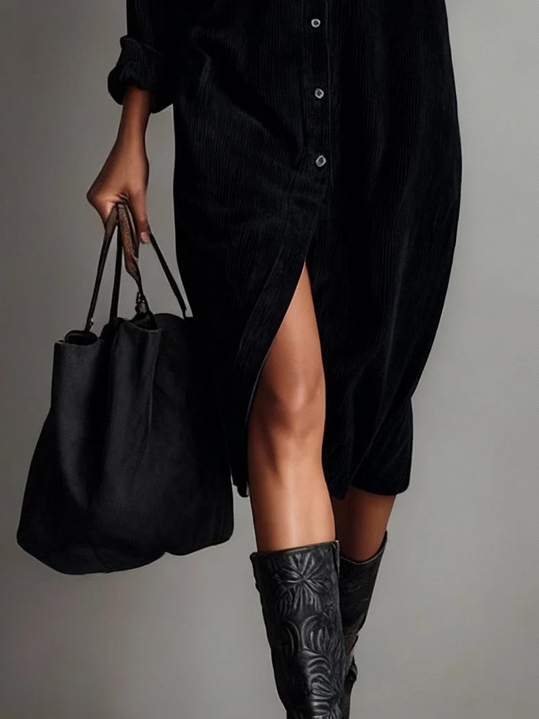 Béatrice | Midi Corduroy Dress with Pockets and Single-Button Closure