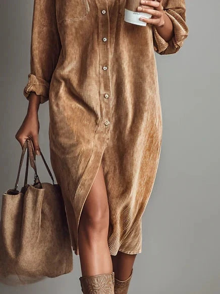 Béatrice | Midi Corduroy Dress with Pockets and Single-Button Closure