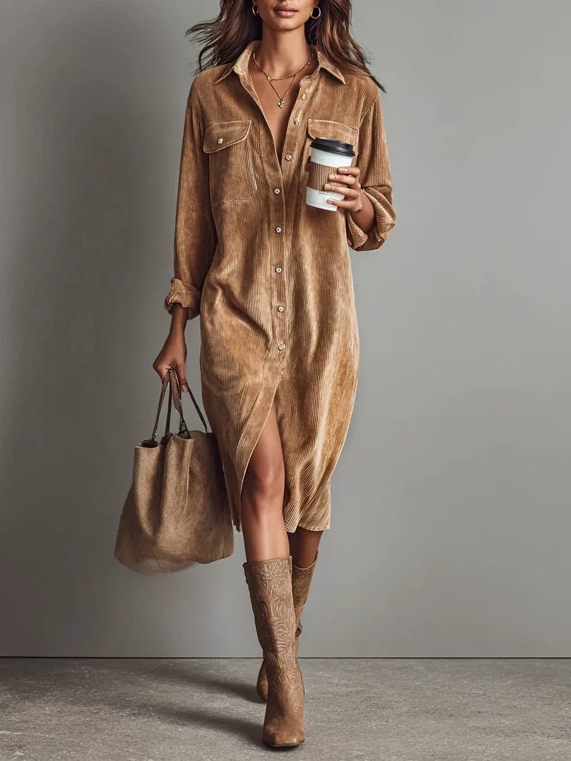 Béatrice | Midi Corduroy Dress with Pockets and Single-Button Closure