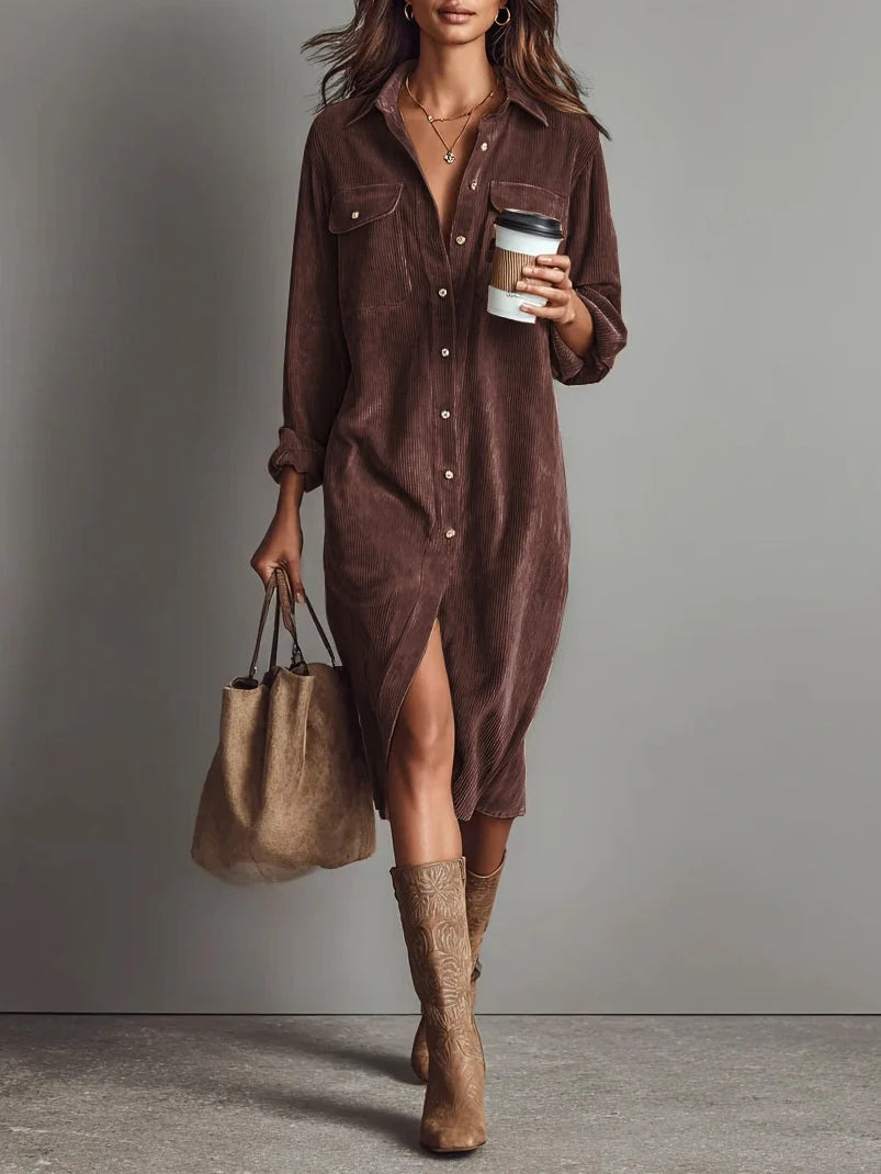 Béatrice | Midi Corduroy Dress with Pockets and Single-Button Closure