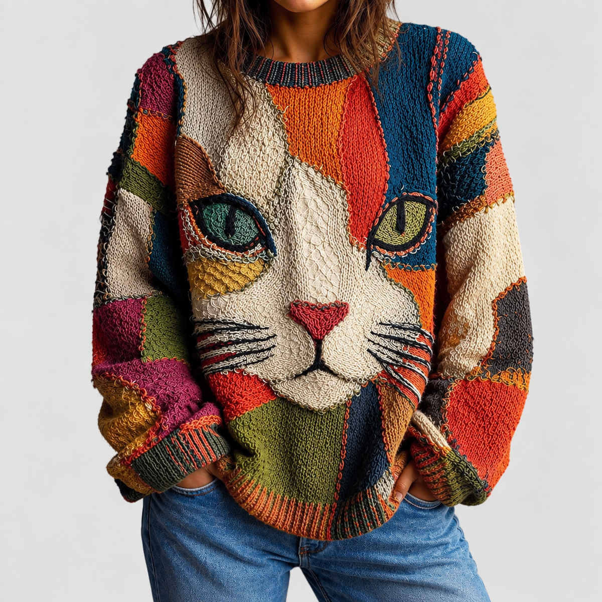Nala™ | Women's Relaxed-Fit Cat Graphic Crewneck Knit Sweater