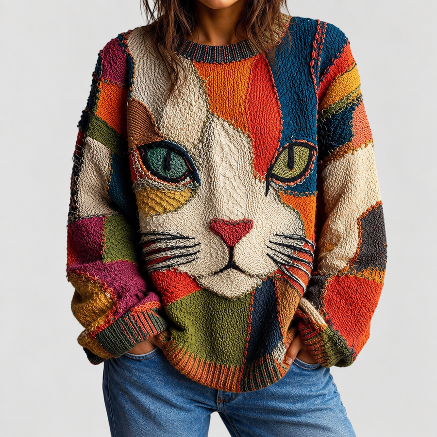 Nala™ | Women's Relaxed-Fit Cat Graphic Crewneck Knit Sweater