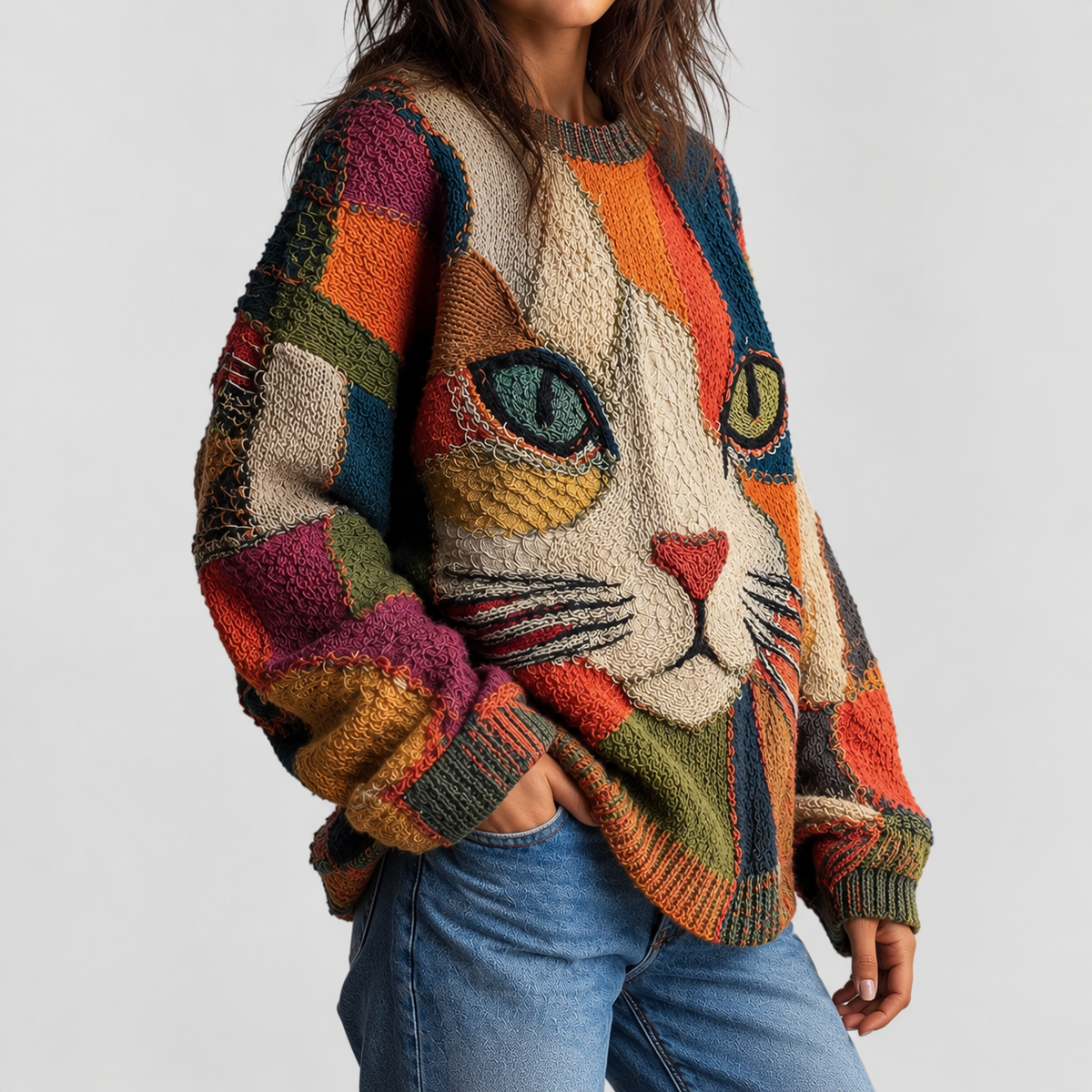 Nala™ | Women's Relaxed-Fit Cat Graphic Crewneck Knit Sweater