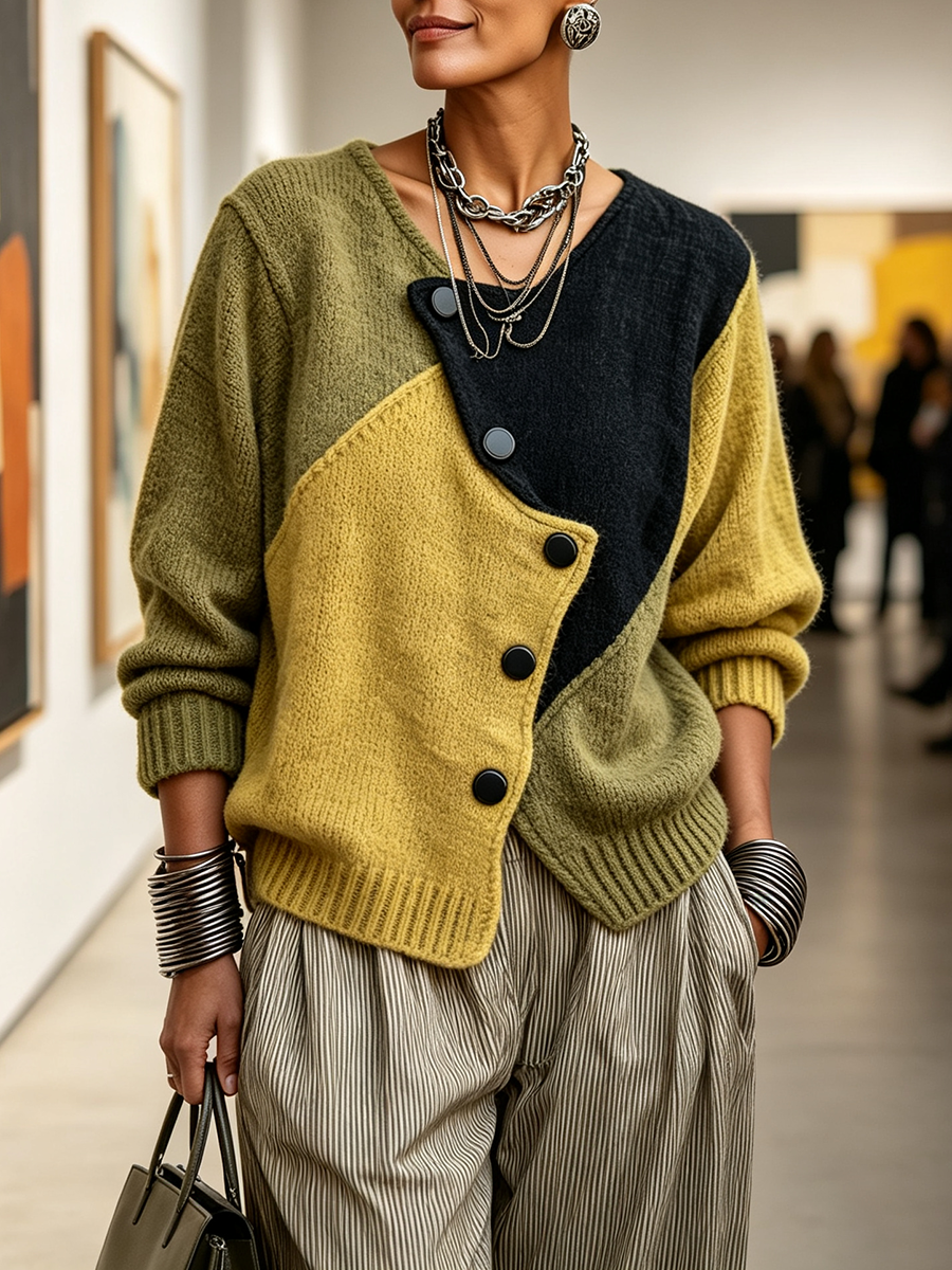Artistic Cozy Asymmetric Color-block Knit Jumper