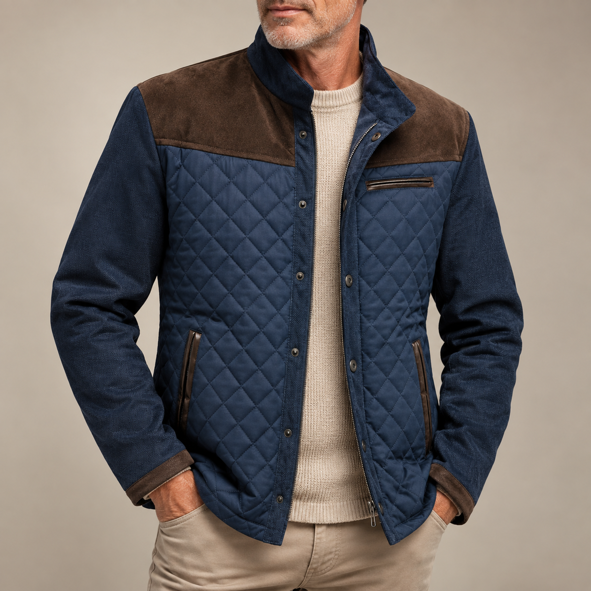 Sterling | Men's Quilted Contrast-Shoulder Stand-Collar Snap Jacket